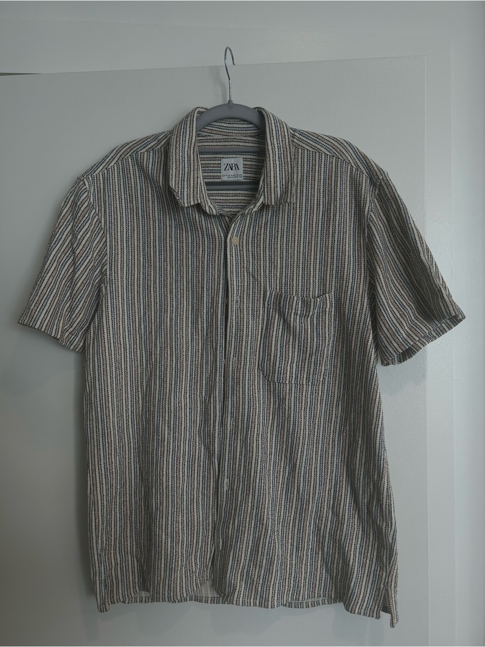 ZARA Men’s Short-Sleeve Striped Button-Down Shirt - Blue, White, Gray